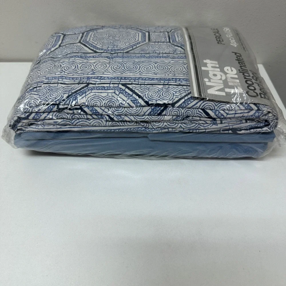 Night Line Vintage Blue White Geometric Percale 4pc Full Sheet Set No-Iron NEW